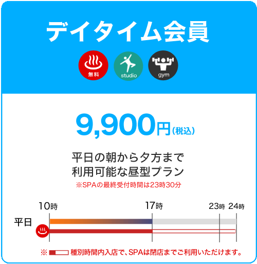 デイタイム会員 9,900円 平日の朝から夕方に利用可能な昼型プラン。