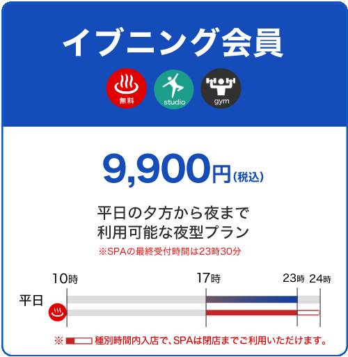 イブニング会員 9,900円 平日の夕方から夜に利用可能な夜型プラン。