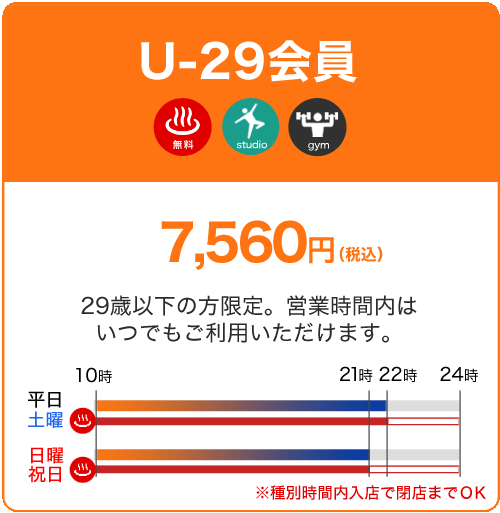 U-29会員 7,560円 29歳未満の方限定。営業時間内はいつでもご利用いただけます。