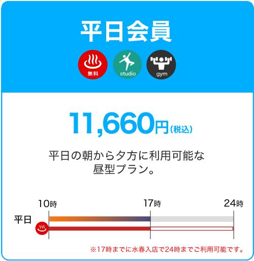 平日会員 11,660円 平日の朝から夕方に利用可能な昼型プラン。