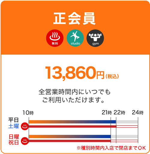 正会員 13,860円 全営業時間内にいつでもご利用いただけます。