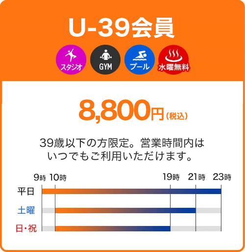 U-39会員 11,080円 29歳以下限定！営業時間内はいつでも利用可能なスタンダードプラン。
