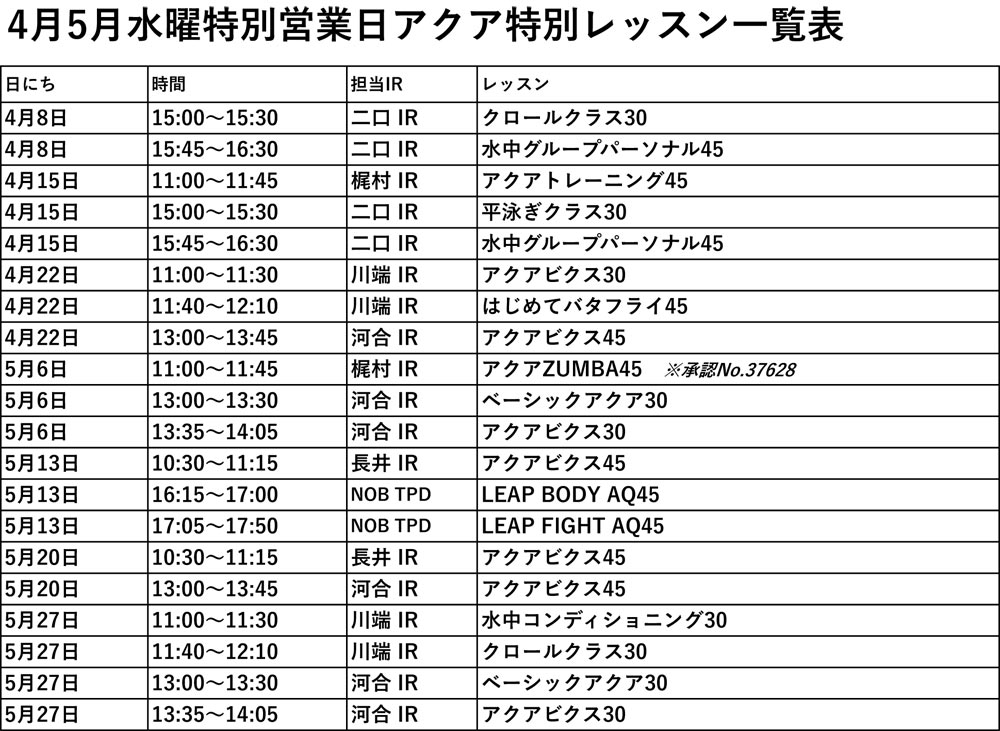 4月、5月のアクア特別レッスンプログラム