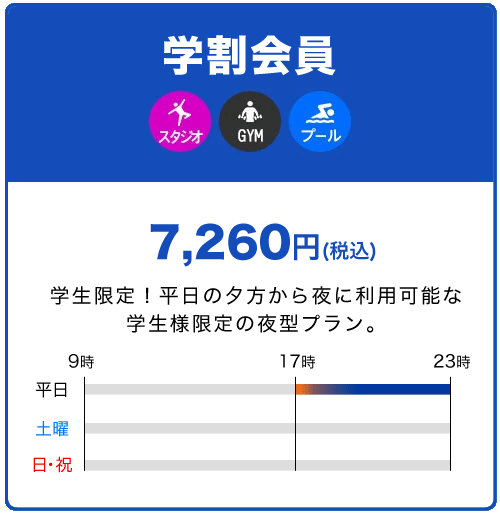 学割会員 7,260円 学生限定！平日の夕方から夜に利用可能な学生限定の夜型プラン。