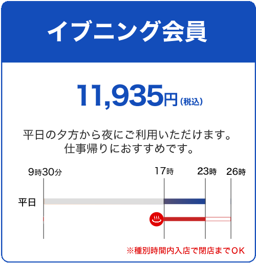 イブニング会員 11,935円 平日の夕方から夜に利用可能な夜型プラン。お仕事帰りにおすすめです。